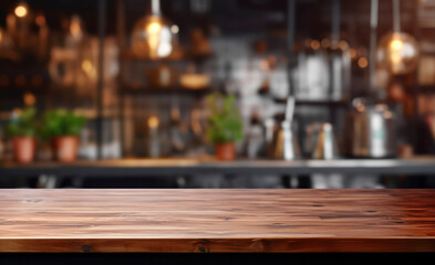 Fototapeta na wymiar brown wooden table top kitchen interior background in and blurred defocused with daylight flare bokeh, product montage display, generative ai