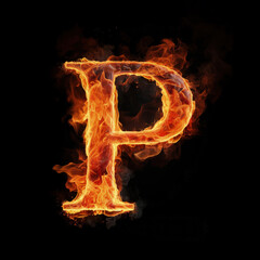 Capital letter P consisting of a flame. Burning letter P. Letter of fire flames alphabet on black background.