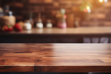 brown wooden table top kitchen interior background in  and blurred defocused with daylight flare bokeh, product montage display, generative ai