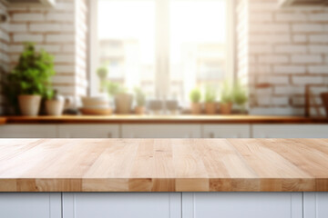 white wooden table top kitchen interior background in  and blurred defocused with daylight flare bokeh, product montage display, generative ai