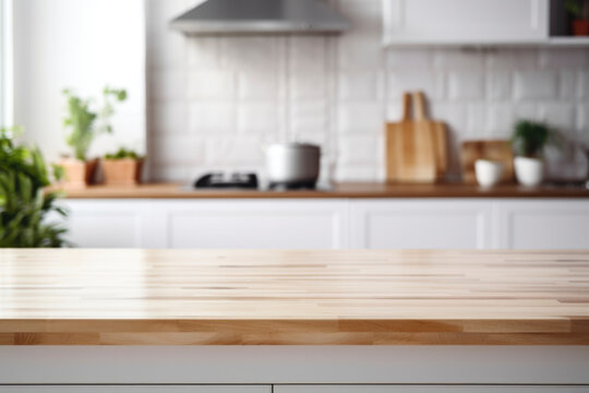 white wooden table top kitchen interior background in  and blurred defocused with daylight flare bokeh, product montage display, generative ai