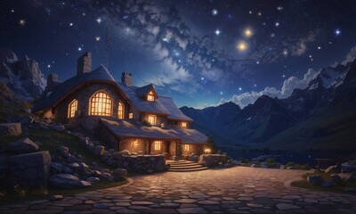 Village With Starry Sky On The Background