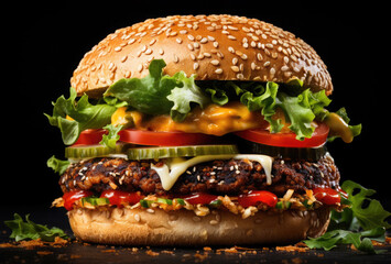Fresh vegan burger with plant based meat. Sesame seed bun, sliced tomato and lettuce - obrazy, fototapety, plakaty