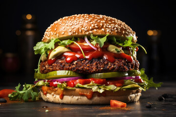 Fresh vegan burger with plant based meat. Sesame seed bun, sliced tomato and lettuce - obrazy, fototapety, plakaty