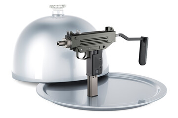 Restaurant cloche with submachine gun, 3D rendering