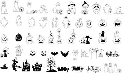 Set of halloween Ghost pumpkin outline black icon and character. Vector element illustration. Isolated on white background.