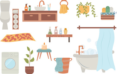 Bathroom interior. Toilet elements set. Vector flat illustration