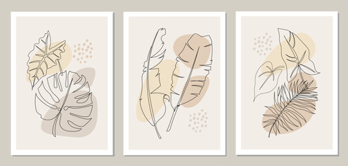 Set of wall art with tropical leaves and abstract shapes. Continuous line art. Banana, palm, monstera, alocasia leaves. Botanical posters, covers in boho style. Pastel tones. Vector.