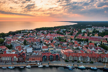 Fototapeta na wymiar Beautiful sunrise over the Ustka town by the Baltic Sea, Poland.