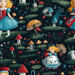 Alice in wonderland cartoon repeat pattern