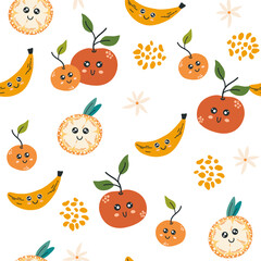 Fruit character seamless pattern. Banana, orange and peaches. Creative texture for fabric, packaging, textiles, wallpaper, clothing. Vector illustration