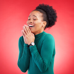Thank you, praying and black woman in studio happy, relief and grateful against red background....