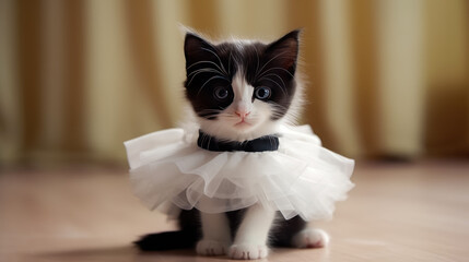 Tiny little baby cat in a dress dancer , Cute cat ballet dancing , Created with Generative Ai