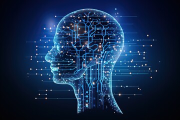 Virtual technology artificial intelligence avatar background, abstract geometric human head silhouette with circuit board.