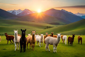 llama in mountains  in sunset background
