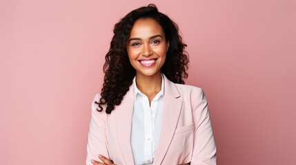 Portrait of happy woman looks in camera. Beautiful business woman professional in a suit at isolated background. 