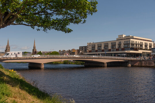 Inverness, Scotland, UK.  3 June 2023. The Ness Bridge over the Ness River and city centre of Inverness, Scotland, UK.