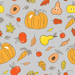 Set of patterns with autumn leaves, fruits and vegetables. Food, fall natural seamless background. Harvest Celebration. Leaffall. Doodle style drawings. Color vector illustration, isolated background.