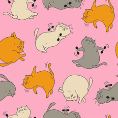 Pattern Cats Set. Fat happy Cartoon cats doing gymnastics. Cat with dumbbells, in yoga pose.  Doodle. Vector illustration. Background isolated.