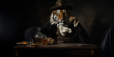 the portrait of tiger in the dark  with  glass of whiskey