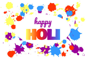 Happy Holi festival of colors. Splashes colorful of paint, pattern of paints with lettering. White background. Template with inscription for banner, flyer, postcard. Vector illustration