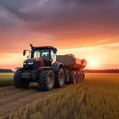 Details of farmer working in the fields with tractor on a sunset background. Generative AI