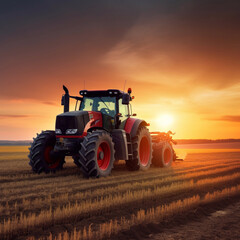 modern agricultural Tractor working on fileds on a sunset background. Generative AI