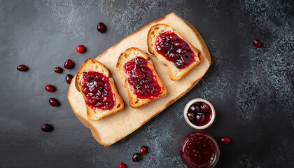 Cranberries jam. Crispy sandwich with cranberry sauce on dark background. Top view.