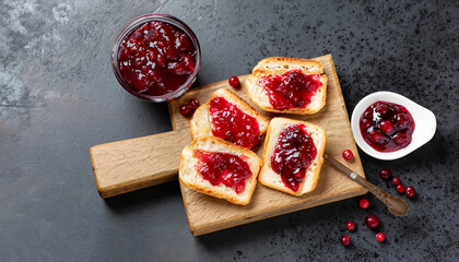Cranberries jam. Crispy sandwich with cranberry sauce on dark background. Top view.