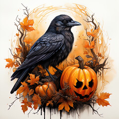Fototapeta premium An illustration of a crow with two Halloween pumpkins