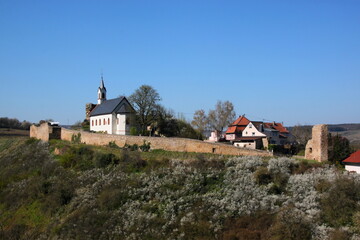 Blooming slope of the castle hill with church and fortress ruins in the old village of Neu-Bamberg, Germany