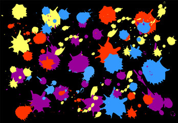 Happy Holi festival of colors. Splashes colorful of paint, pattern of paints on black background. Template with inscription for banner, flyer, postcard. Vector illustration
