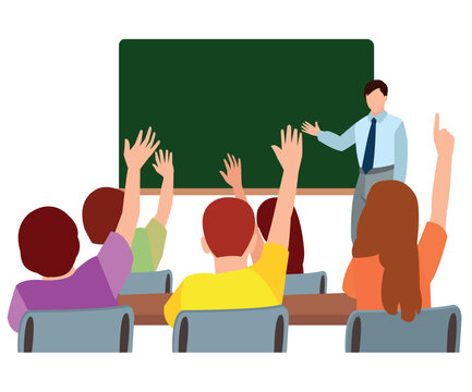 students raising hands in classroom scene clip art preview