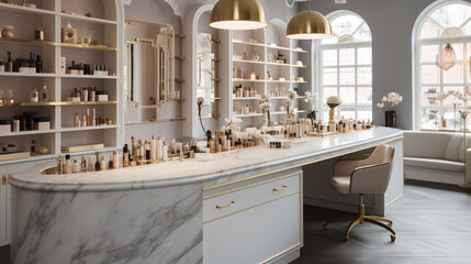 The manicurist's studio with a chic marble countertop and golden accents, exuding elegance and style. Generative AI
