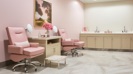 The manicurist's setup featuring a cozy pedicure station with comfortable reclining chairs and foot baths. Generative AI