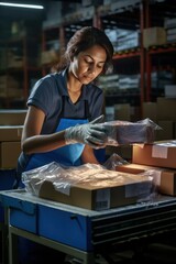 A woman works in an office with parcels