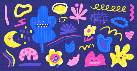Shapes set in hand drawn doodle cute style. Abstract shapes, lines, elements collection. Background with funny moody characters, flower, tree, moon, leaf, swirls, dots.