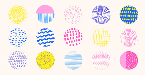 Circles with patterns set. Cute hand drawn doodle round shapes with dots, lines, swirls, drops. Abstract elements, icons for web, logo, background