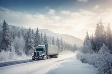 truck on the highway, mountains, us, canada, majestic, winter, snow - obrazy, fototapety, plakaty