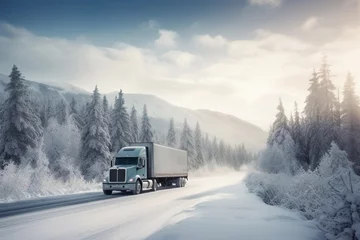 Fototapete Kanada truck on the highway, mountains, us, canada, majestic, winter, snow