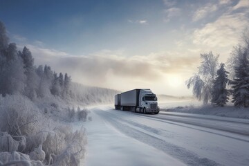 Obraz premium truck on the highway, mountains, us, canada, majestic, winter, snow