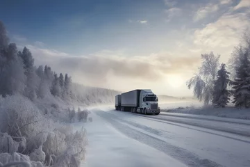 Fotobehang truck on the highway, mountains, us, canada, majestic, winter, snow © Lucas