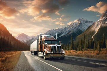truck on the highway, mountains, us, canada, majestic