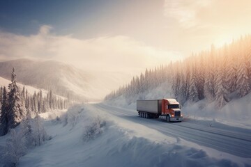 truck on the highway, mountains, us, canada, majestic, winter, snow