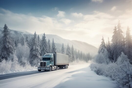 truck on the highway, mountains, us, canada, majestic, winter, snow