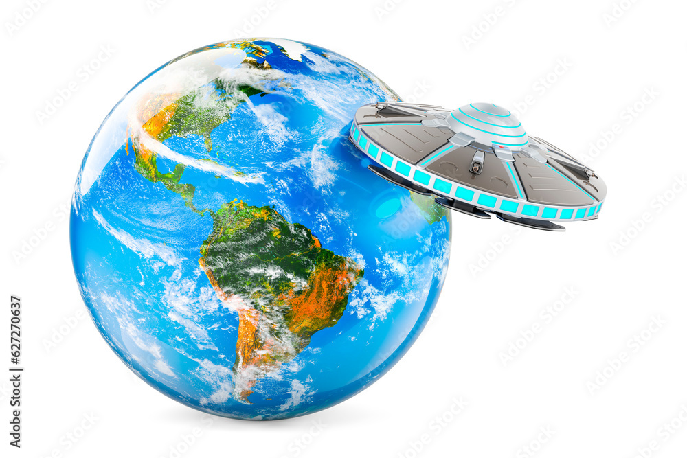 Poster ufo with earth globe. 3d rendering