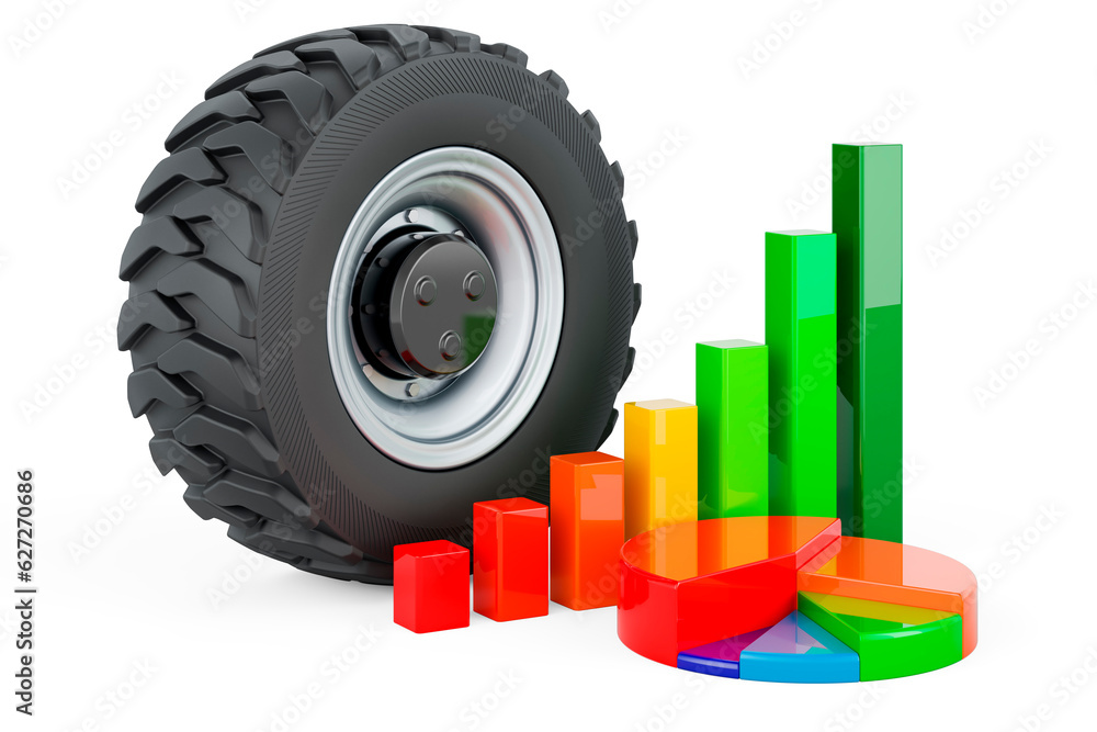 Poster truck wheel with growth bar graph and pie chart. 3d rendering
