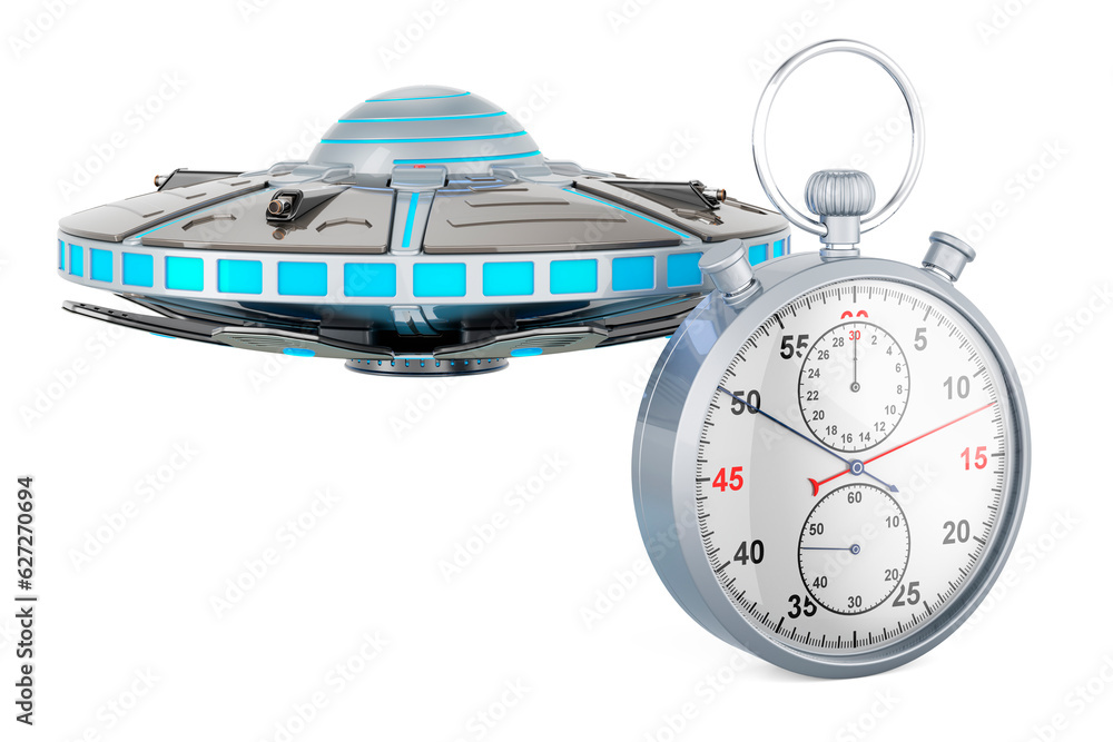 Poster ufo with stopwatch, 3d rendering