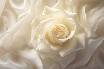Closeup of white lush open rose and petals.