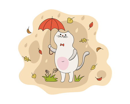 Cartoon cat with an umbrella. Rain, leaf fall. Autumn season. Pet, walk. Vector illustration. The background is isolated.